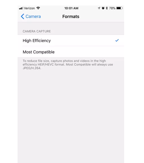iPhone HEIF and HEVC format settings