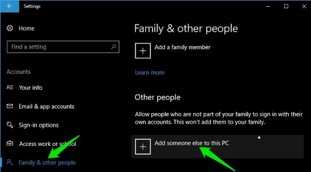 Windows Settings - Family & other people
