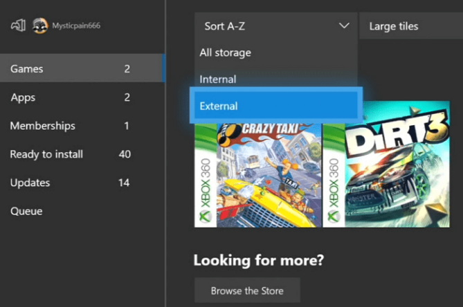 Xbox external drive settings