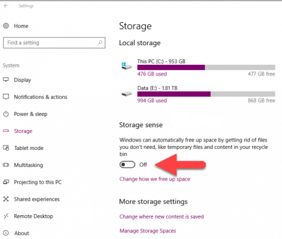 Storage Sense settings on Windows 10